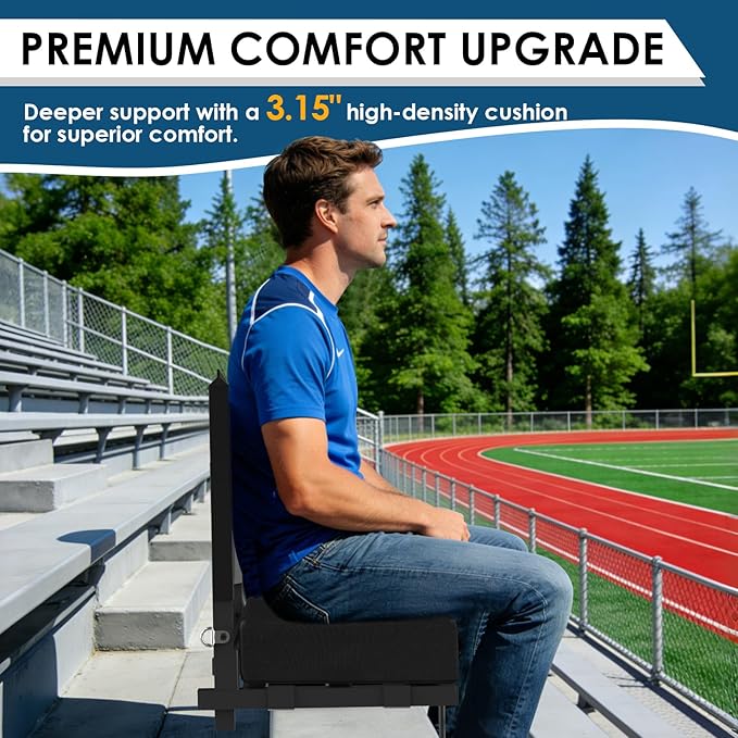 Stadium Seats with Back Support, Portable Bleacher Seat with Extra Thick Cushion, Folding Stadium Chair with Shoulder Strap, Removable Cushion and Storage Pocket for Sports Events