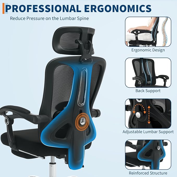 GarveeHome High Back Ergonomic Office Chair with Mesh Back, Retractable Footrest, Adjustable Headrest & Lumbar Support – Wide Computer Desk Chair with Wheels for Home Office or Bedroom, Black