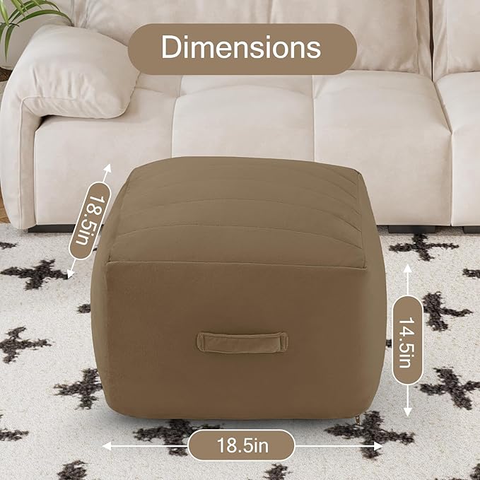 MeMoreCool Square Stuffed Pouf Ottoman Foot Rest, Floor Pouf Foot Stool with Foam Chunk Filling, Soft Stuffed Ottoman Footrest for Living Room, Light Coffee
