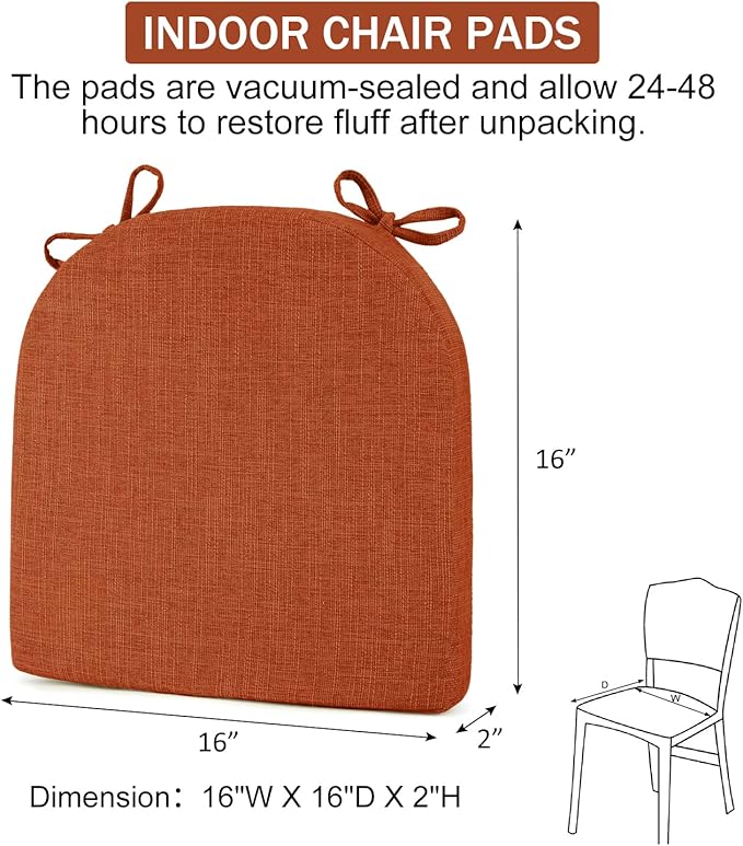 downluxe Indoor Chair Cushions for Dining Chairs, Soft and Comfortable Textured Foam Kitchen Chair Pads with Ties and Non-Slip Backing, 16" x 16" x 2", Orange, 6 Pack