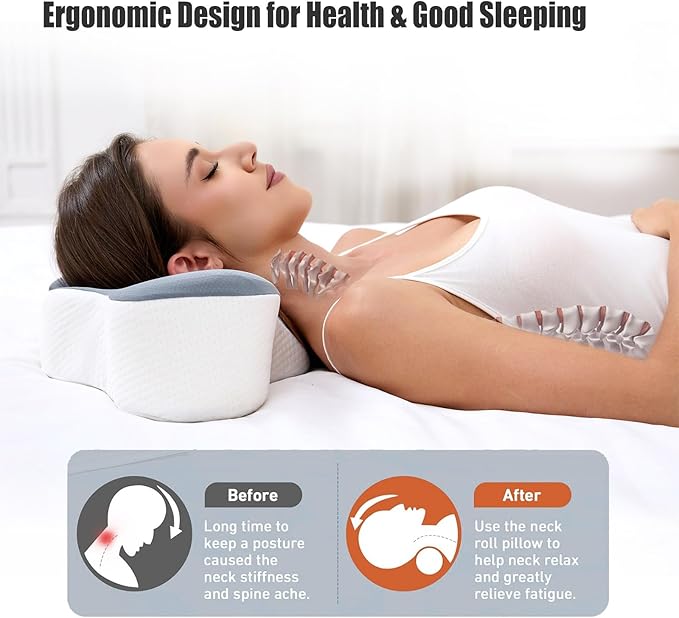 Bespilow Travel Cervical Pillow for Sleeping, Small Memory Foam Neck Pillow with Cooling Washable Cover, Compact Ergonomic Neck Support Travel Pillow for Car Camping, RV, Road Trip & Passenger Seat