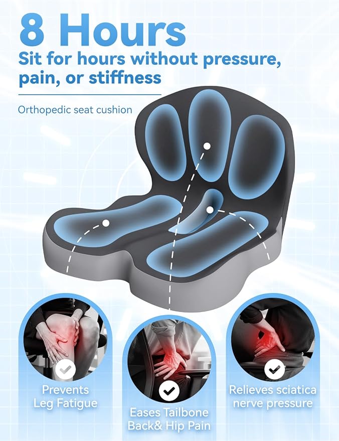 Car Seat Cushion for Tailbone Pain Relief, Ergonomic High-Density Memory Foam Chair Pad, Non-Slip, Washable Cover, Car Cushion for Office, Car, Home (Light-Gray)