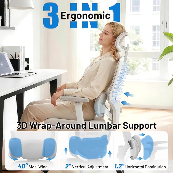 Ergonomic Office Desk Chair, High Back Breathable Mesh Computer Chair, 3D Lumbar Support, 2D Headrest & 3D Armrests, 300lbs Heavy Duty Task Chair for Home Office Work Gaming, Gray
