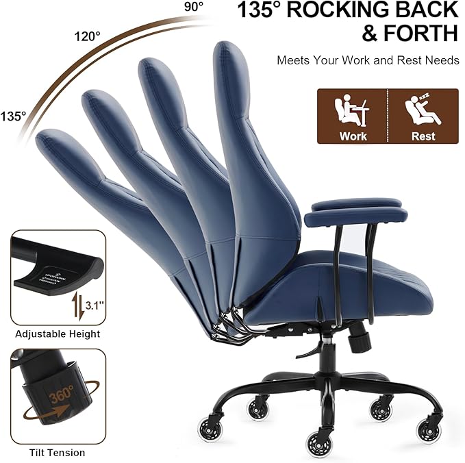 E-Motie Office Chair with Rubber Wheels, Ergonomic Computer Chair 500 lbs, Leather Desk Chair with Lumbar Support, Executive Chair Adjustable Height & Recline, Blue