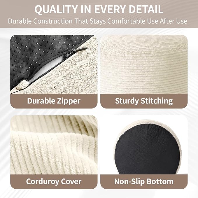 26" x 26" x 22" Large Stuffed Pouf Ottoman, Round Foot Rest with Odorless Filling, Soft & Cozy Corduroy Foot Stool for Living Room, Bedroom, Office, Room Decoration (Beige)
