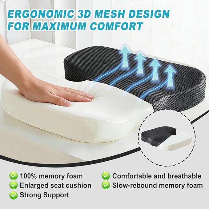 Memory Foam Seat Cushion for Sciatica & Tailbone Pain Relief – Ergonomic Office Chair Cushion, Coccyx Cushion for Tailbone Pain, Sciatica Pain Relief Pillow for Office, Car