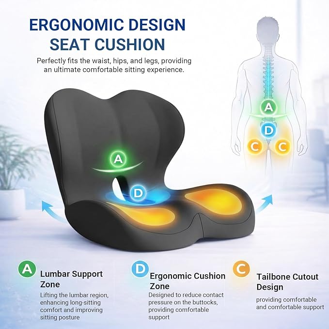 Ergonomic Seat Cushion Set with Lumbar Support Pillow, High-Density Memory Foam Cushion with Non-Slip Base, Posture Support Cushion for Office Chair, Home Chair, Car Seat, Dark Gray