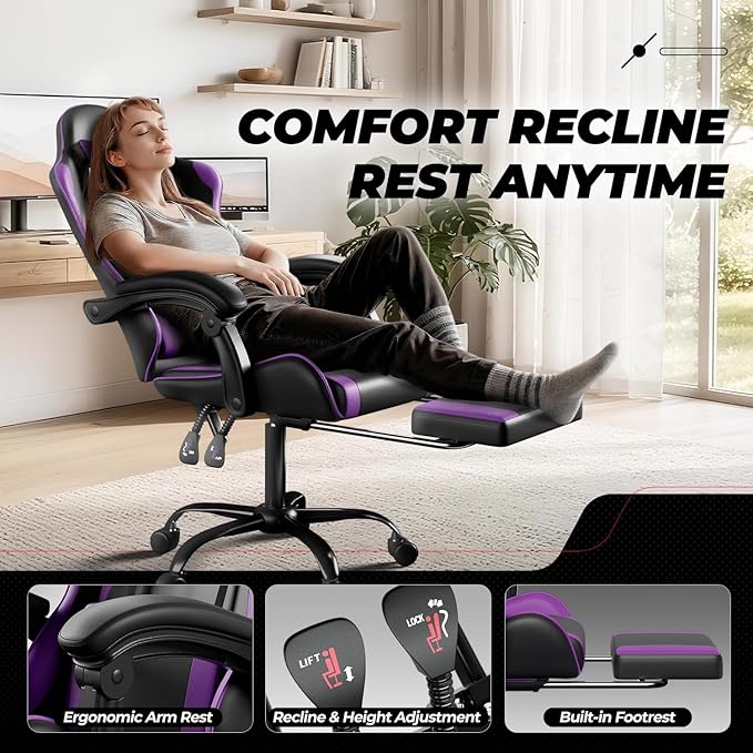 Auto Dynasty Ergonomic Gaming Chair, High-Back Office Chair w/Adjustable Lumbar Support, Linkage Armrest, Headrest & Footrest, 350LBS Recliner Swivel Computer Game Racing Chair, Purple/Black
