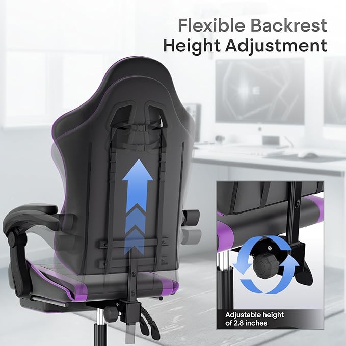 Athena Collection Gaming Chair, Ergonomic Gaming Chair with Footrest & Headrest Lumbar Support, Height Adjustable Swivel Computer Chair Office Chair for Kids Adults(Purple)