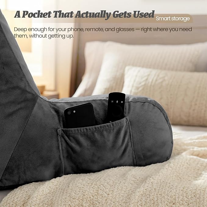ACH Reading Pillow with Arms for Adults - Adjustable Memory Foam Bed Rest Pillow, Lumbar & Neck Back Support, Soft Velvet Cover Machine Washable, Deep Side Pocket & Carry Handle, Black