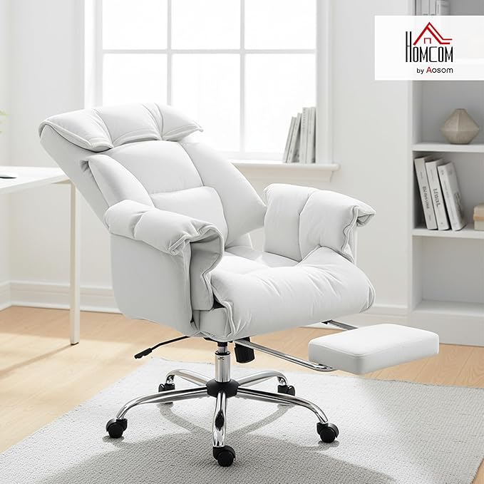 HOMCOM Executive Office Chair Comfy with Foot Rest, Reclining Swivel Computer Desk Chair with High Folding Back, Thick Cushion, Padded Armrest, Adjustable Height, Rolling Wheels, Cream White