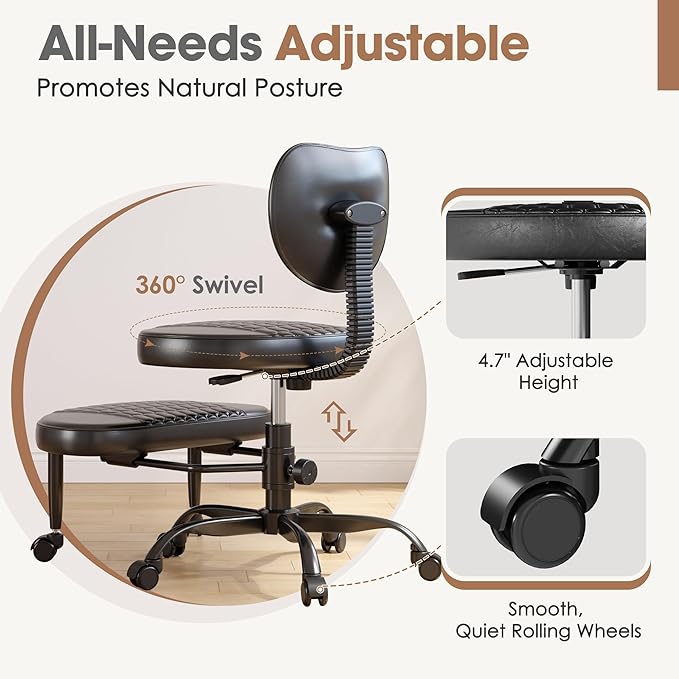 Cross Legged Office Chair, 360° Swivel ADHD Chairs for Adults, Height Adjustable Ergonomic Cross Legged Office Chair with Wheels, Wide Cross Legged Chair for Meditation, Yoga (Black)