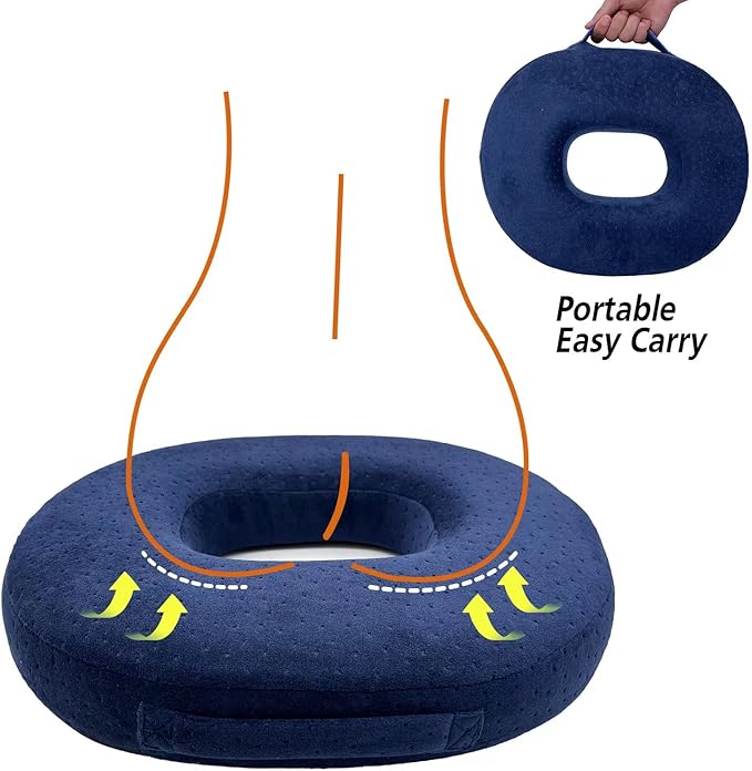 Donut Pillow Memory Foam Seat Cushion - Non-Slip Bottom,Portable Orthopedic Hemmoroid Pillow Cushion Support Pad for Tailbone Pain，Coccyx, Bed Sores, Post Natal, Sciatica (Blue)