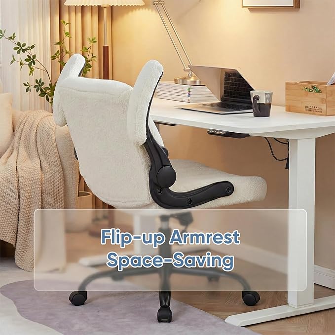 DUMOS Criss Cross Home Office Chair with Wheels, Wide Cross Legged Desk Vanity Chair Comfy Fabric Flip-Up Armrests Adjustable Swivel Chairs for Home Computer Bedroom, Creamy White