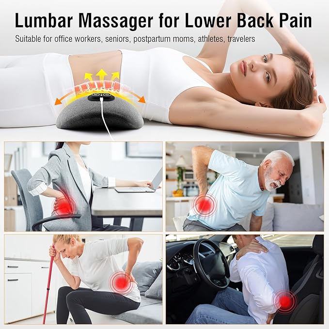 3-in-1 Electric Lumbar Support Pillow with Heat & Massage, Ergonomic Memory Foam Lower Back Massager for Pain Relief Deep Tissue, Smart Air Lift Technology, Ideal for Car/Bed/Sleeping/Office Chair