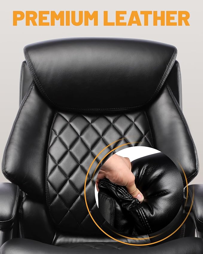 Big and Tall Executive Office Chair with Adjustable Lumbar Support, Extra Wide Seat, Heavy Duty Computer Desk Chair for Long Working Hours, Gaming & Home Office, Quiet Rolling Wheels