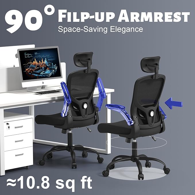 Adjustable Ergonomic Office Chair with Headrest and Lumbar Support, Mesh Back Computer Desk Chair, Flip-Up Armrest, 360° Swivel Rolling Chair for Home Office Study Gaming
