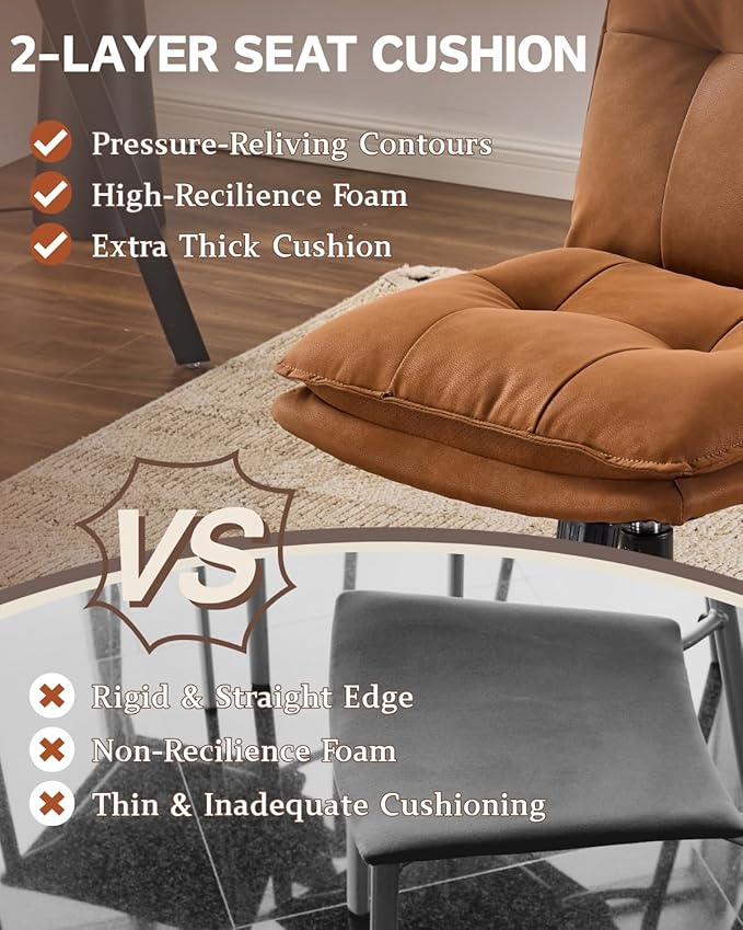 Karl home Faux Leather Office Chair with Removable Armrests, Adjustable Height & 360° Swivel, Tufted Thick Cushion Computer Desk Chair with Lumbar Support for Living Room, Vanity, Brown