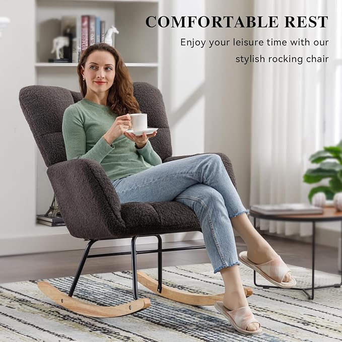 FOXHUNTER Rocking Chair Nursery Teddy Upholstered Glider Rocker High Backrest Nursery Rocker Comfortable Stylish Accent Armchair for Living Rooms Bedrooms Offices (Teddy Dark Gray)