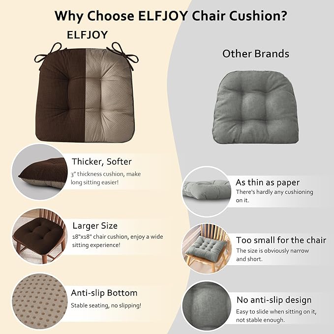 ELFJOY Dining Chair Cushions 1 Piece Thick Non Slip Kitchen Chair Pads with Ties Comfortable Indoor Kitchen Seat Cushions 18" x 18" x 3" Brown
