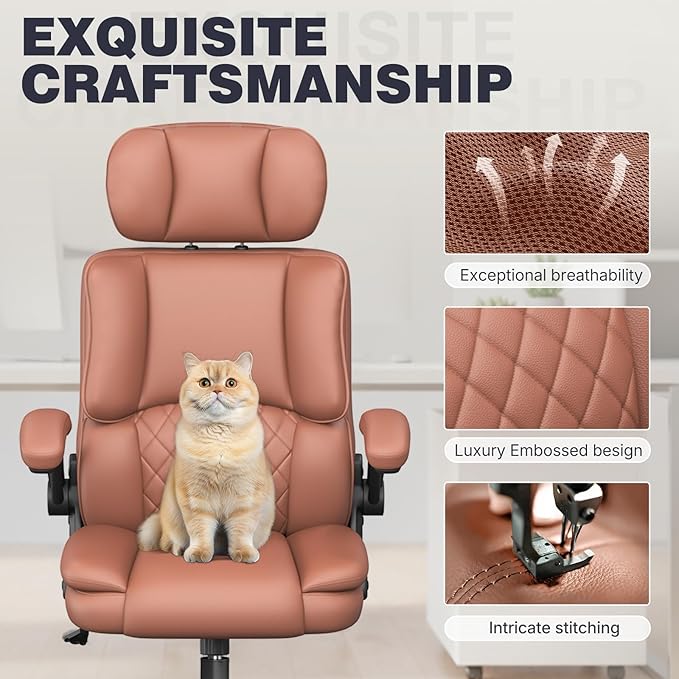 Executive Office Ergonomic Chair, Computer Chair with Adjustable Headrest,PU Leather Desk Chair,High-Back Swivel Task Chair for Home Office with Flip-Up Padded Armrests, 135°Reclining,Brown