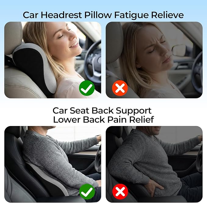 Car Headrest & Lumbar Support Set, Ergonomic Memory Foam Neck Pillow, Comfortable Travel Pillow for Car Truck SUV, Ideal for Long Driving (Gray) (Gray)
