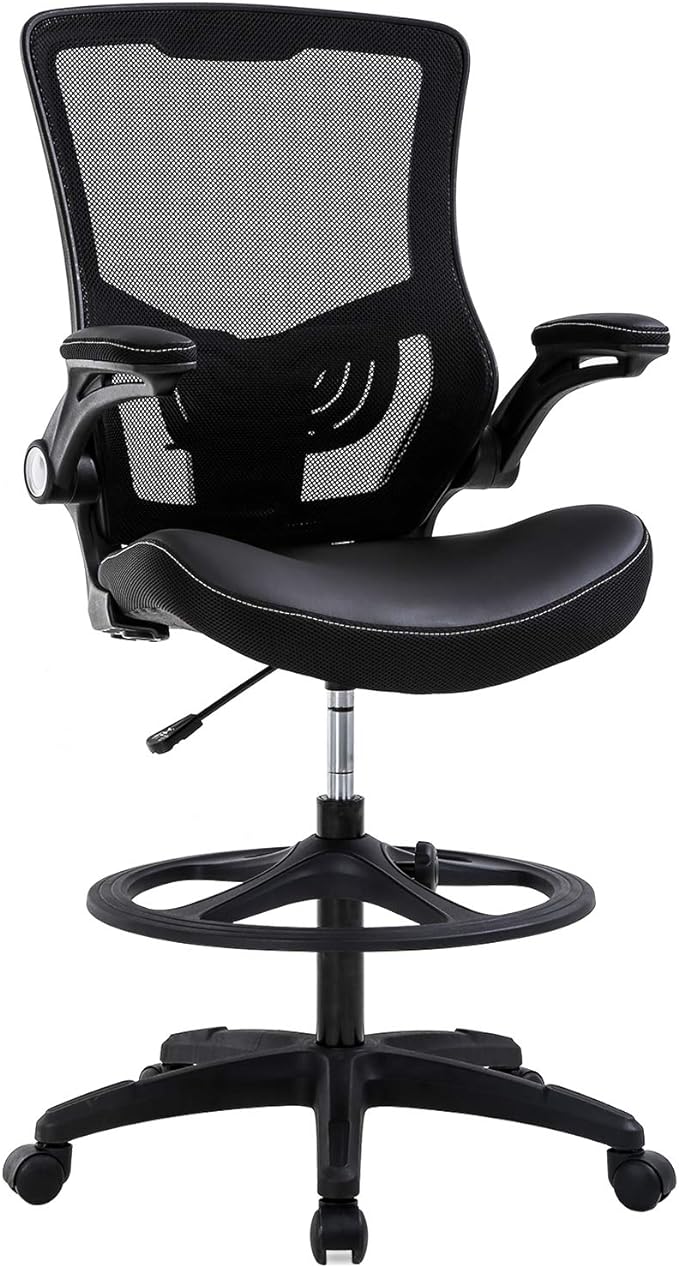 BestOffice Drafting Chair Ergonomic Tall Office Chair Standing Desk Chair with Flip Up Arms Foot Rest Back Support Adjustable Height Mesh Drafting Stool, Black