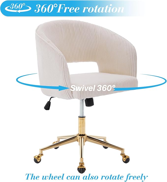 KCC Home Office Chair Swivel Desk Chair Accent Armchair Upholstered Modern Tufted Chairs with Gold Base for Girls Women Ergonomic Study Seat Computer Task Stools, with Wheels, Corduroy,Beige