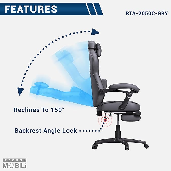 Executive Office or Gaming Chair with Footrest, Padded PU Leather Office Chair with 150-Degree Recline, Lumbar Support & Headrest Pillow, Grey