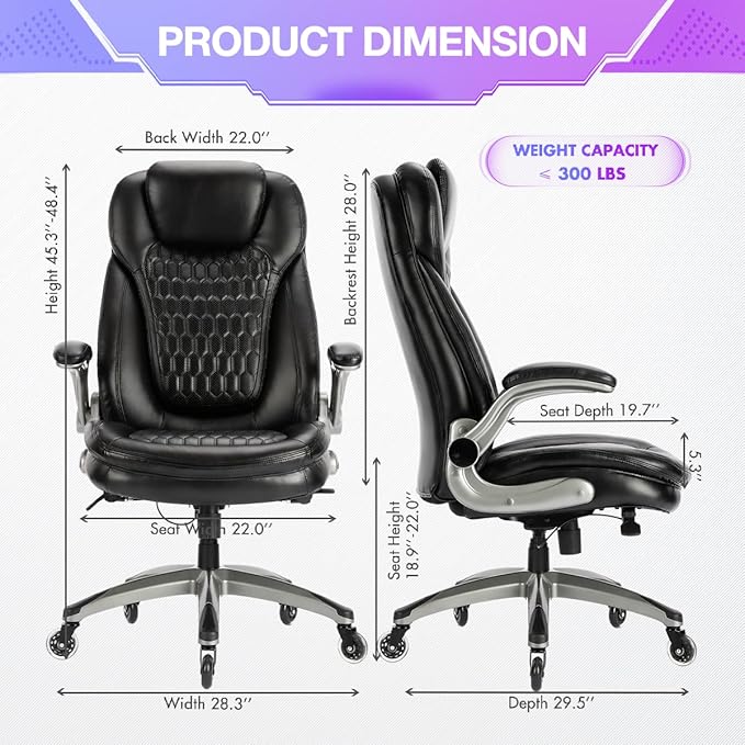 Ergonomic Executive Office Chair, High Back Leather Desk Chair with Flip-up Arms and Adjustable Height, Swivel Rolling Computer Chair with Heavy Duty Metal Base,300lbs,Black for Home Office or Study