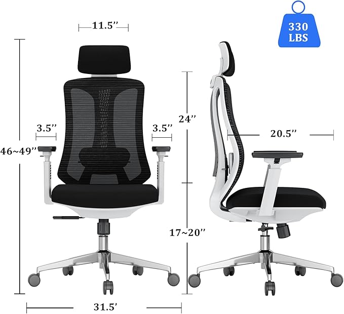 Logicfox Ergonomic Mesh Office Chair, Computer Desk Chair with 3D Armrests, Adjustable Lumbar Cushion and Adjustable Headrest, White High Back Home Office Chair with Tilt Function, Computer Chair