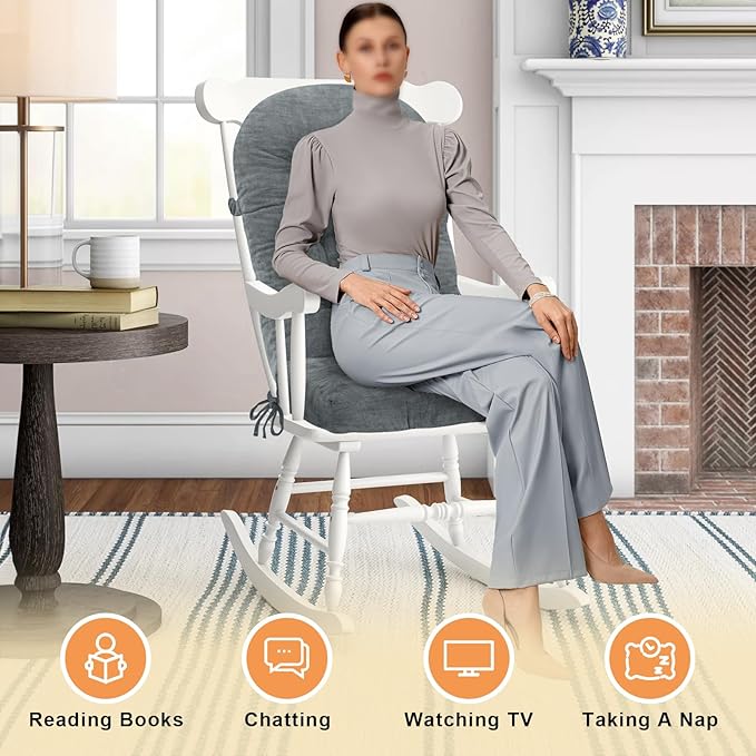 Rocking Chair Cushion - Chenille Fabric, High-Density Sponge, Durable Comfort Double-Sided Tufted Seat Pads with Ties, Chenille︱Pearl Light Grey, 44x19x4 inch