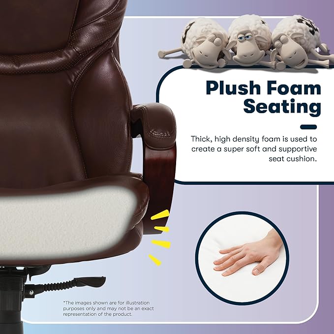 Serta Conway Big & Tall Executive Office Chair, Ergonomic High-Back with Adjustable Lumbar, Semi Plush Cushion and Body Pillows, Padded Armrests, Wooden Swivel Base, Bonded Leather, Chestnut Brown