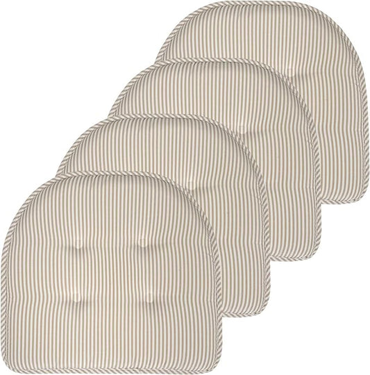 Sweet Home Collection Chair Cushion Memory Foam Pads Tufted Slip Non Skid Rubber Back U-Shaped 17" x 16" Seat Cover, 4 Count (Pack of 1), Pinstripe Taupe