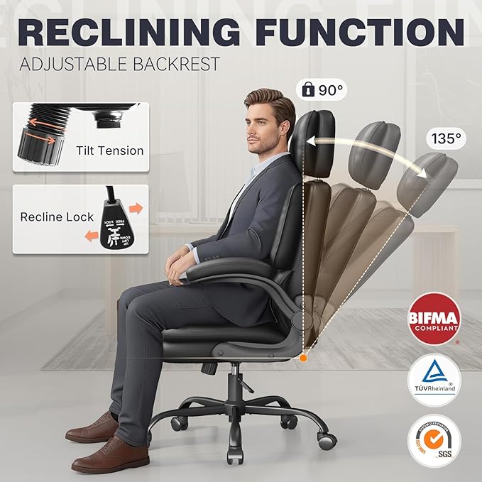Executive Office Ergonomic Chair, Computer Chair with Adjustable Headrest,PU Leather Desk Chair,High-Back Swivel Task Chair for Home Office with Flip-Up Padded Armrests, 135°Reclining,Black