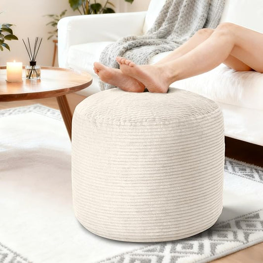 26" x 26" x 18" Pouf Ottoman Foot Rest, Pre-Stuffed Round Foot Stool with Odorless Shredded Memory Foam, Furry & Fluffy Corduroy Footrest for Living Room, Beige