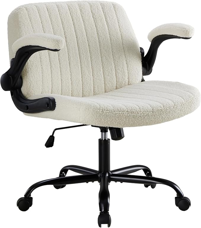 DUMOS Criss Cross Home Office Chair with Wheels, Wide Cross Legged Desk Vanity Chair Comfy Fabric Flip-Up Armrests Adjustable Swivel Chairs for Home Computer Bedroom, Creamy White