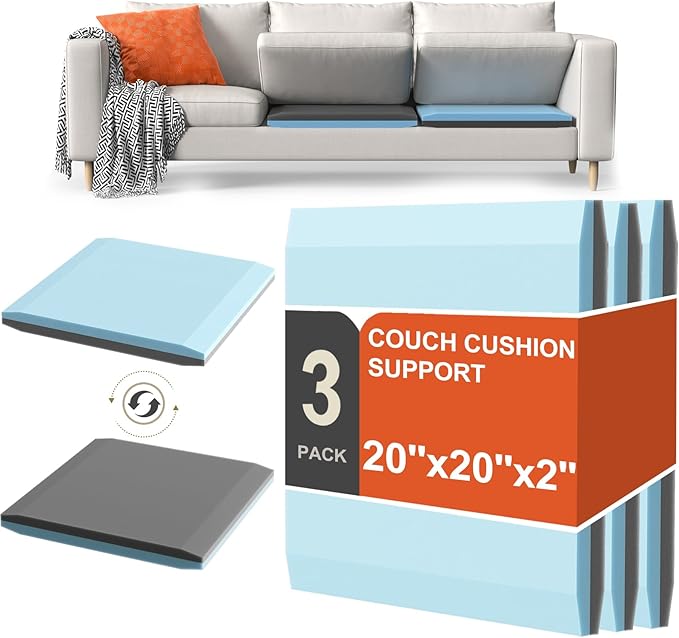 Couch Cushion Support for Sagging Cushions 20''x20'', Two in One Sofa Cushion Support to Repair Sagging Seats, Lift Saggy Seats, Extend Couch's Life, Blue & Grey 3PCS