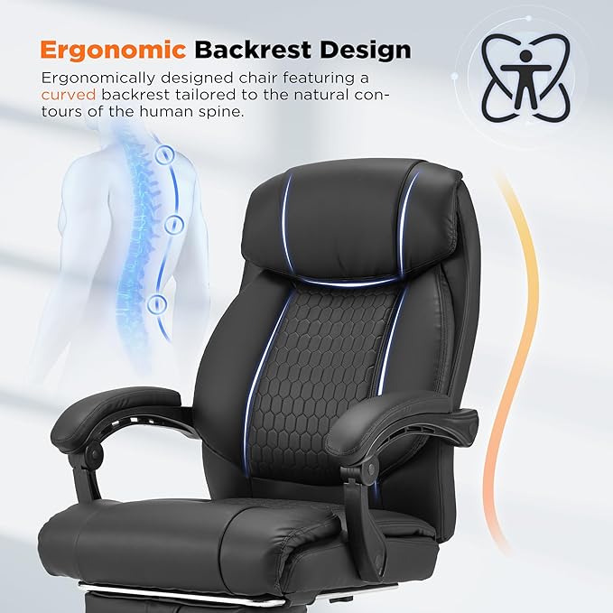 HOMREST Heated Office Chair with Vibrating Massage, Ergonomic Executive Desk Chair with Retractable Footrest and Lumbar Support, High-Back Reclining PU Leather Computer Chair for Home Office,Black