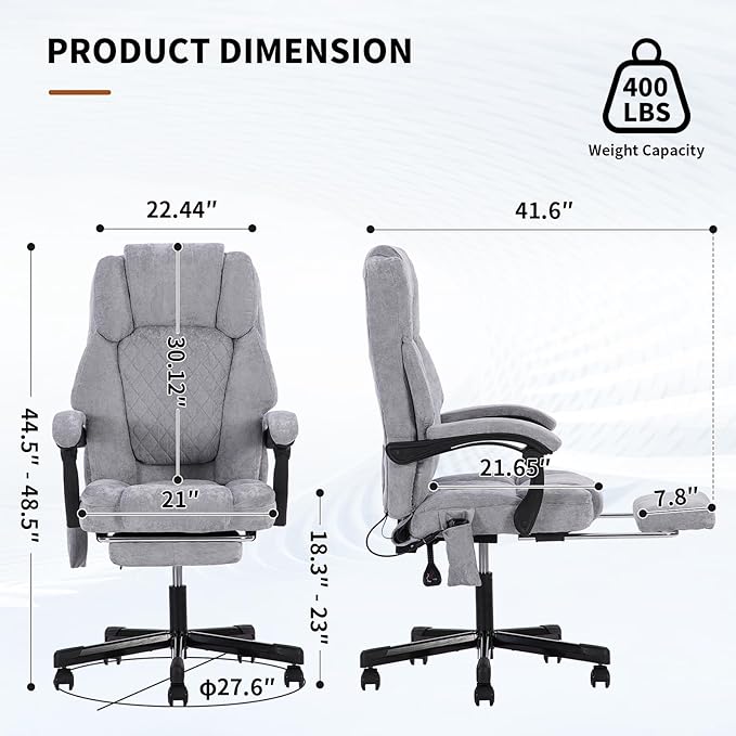 Massage Office Chair with Foot Rest,High Back & Heat 6 Vibration Points, Executive Desk Chair,Big and Tall Office Chair 400lbs, Comfortable Ergonomic Reclining Managerial Chair, Grey
