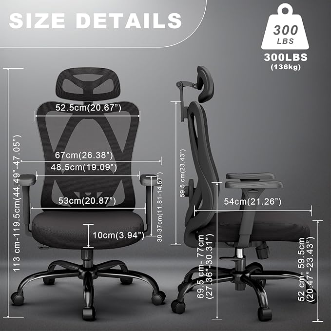 Ergonomic Office Chair with Adjustable Lumbar Support, High Back Mesh Computer Desk Chairs with 3D Headrest and Armrest, Rocking Function, for Home, Office, 10PC, Black