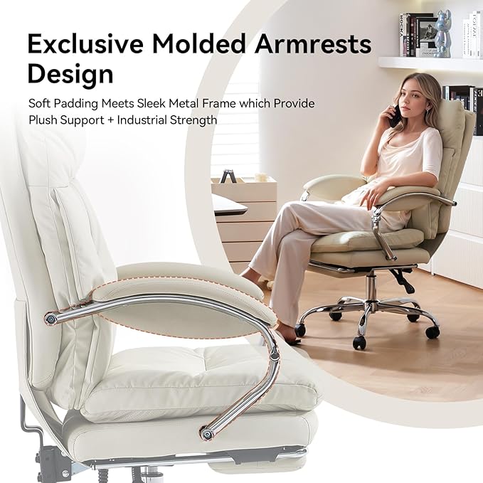 LEAGOO Office Chair with Footrest 155° Reclining Ergonomic High Back Desk Chair PU Leather Executive Computer Chair with Lumbar Support & Adjustable Arms Swivel Task Chair for Home Office, Cream White