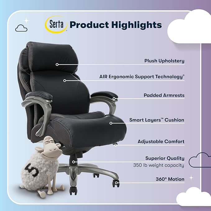 Serta Jackson Big and Tall Executive Home Office Chair with Smart Layers Technology, Wide Seat Cushion, Modern Comfy DeskChairs with Rolling Swivel Wheels, Bonded Leather, Black