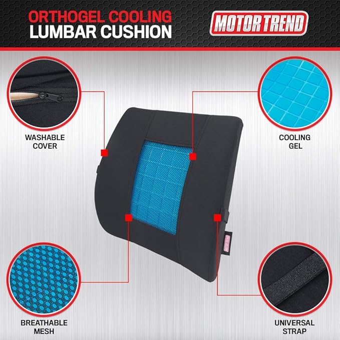 Motor Trend Cooling Car Lumbar Support Cushion - Made with Memory Foam for Maximum Coccyx Comfort & Back Tailbone Pain Relief, Ideal for Car and Office Chairs (MTCG-100)