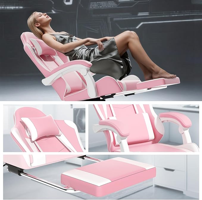 Athena Collection Gaming Chair, Ergonomic Gaming Chair with Footrest & Headrest Lumbar Support, Height Adjustable Swivel Computer Chair Office Chair for Kids Adults(Pink)