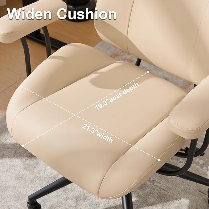 Office Chair, Ergonomic Computer Chair with Adjustable Headrest and Lumbar Support, Executive Leather Chair with Padded Arms, High Back Desk Chairs for Long Hours Sitting,Beige