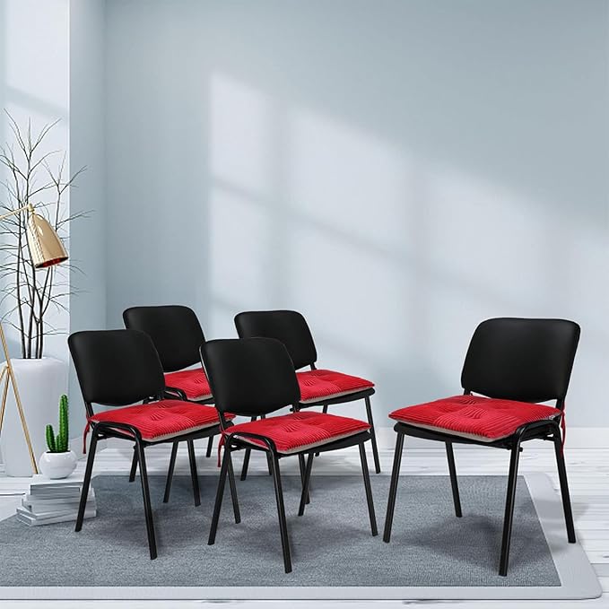 Office Stacking Chair Cushion with Ties, Corduroy High Density Foam Non-Slip Kitchen Seat Cushion, Square 17" x 17" Indoor Dining Chair Pads, Red, 1 PCS