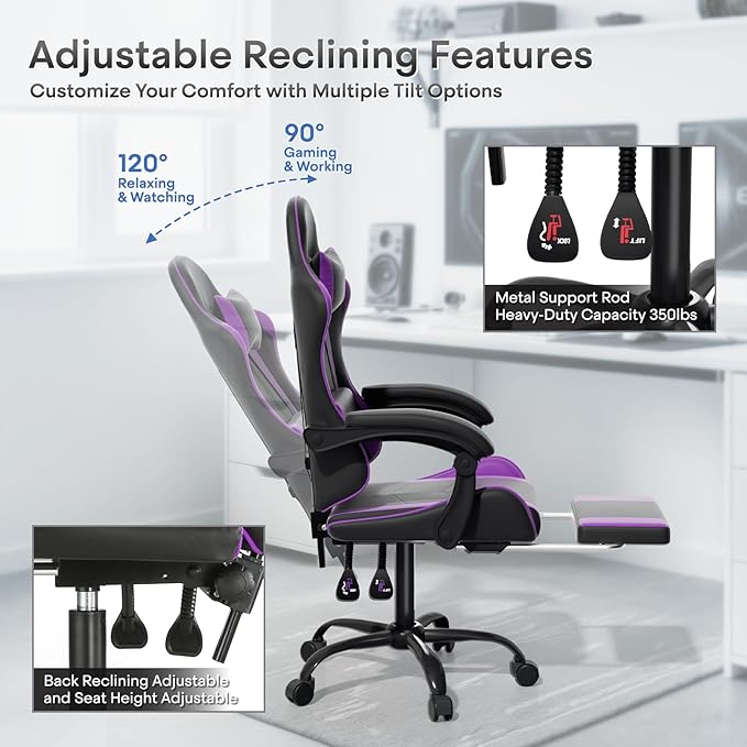 Athena Collection Gaming Chair, Ergonomic Gaming Chair with Footrest & Headrest Lumbar Support, Height Adjustable Swivel Computer Chair Office Chair for Kids Adults(Purple)