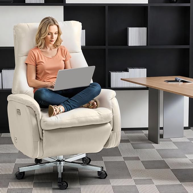 ECOTOUGE Electric Office Chair with USB Charging, Recliner Executive Office Chair with Footrest, Big and Tall High-Back Desk Chair, 400LBS Weight Capacity, Microfiber, Beige