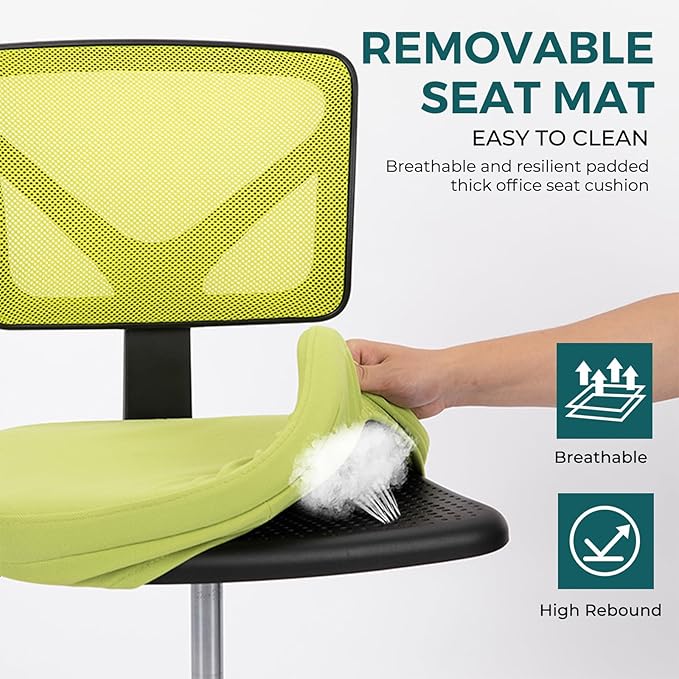 DUMOS Small Desk Chair Armless, Ergonomic Adjustable Home Office Swivel Rolling Task Chair No Arms, Comfy Mesh Mid Back Computer Work Vanity Desk Chiars with Wheels for Small Spaces, Green